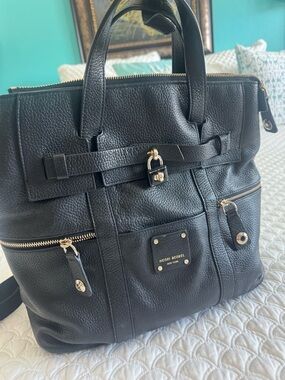 Henri Bendel Black Pebbled Leather Tote with Gold Hardware